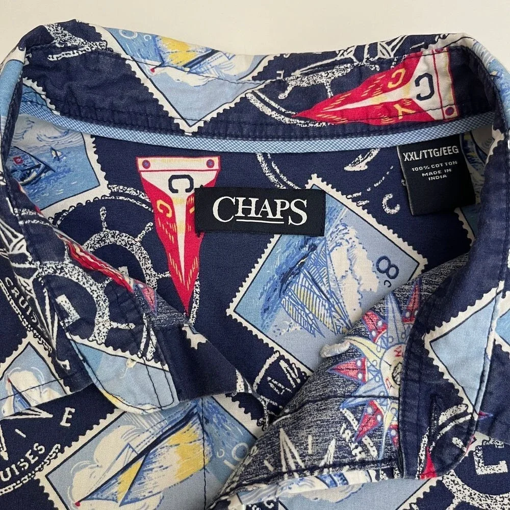 Chaps Mens Travel Stamp Blue Short Sleeve Button Down Shirt, Chaps Button Up S19